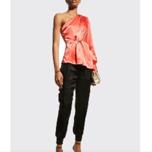Cinq à Sept Stace Asymmetric Neck One Shoulder Silk Top Neon Coral - Picture 10 of 12